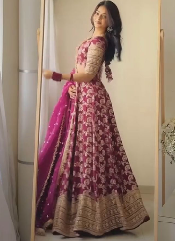 Designer Jacquard Zari Embroidered Pink Lehenga Choli With Dupatta